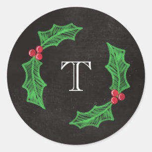 Holly Jolly Christmas Rustic Chalkboard Monogram Classic Round Sticker