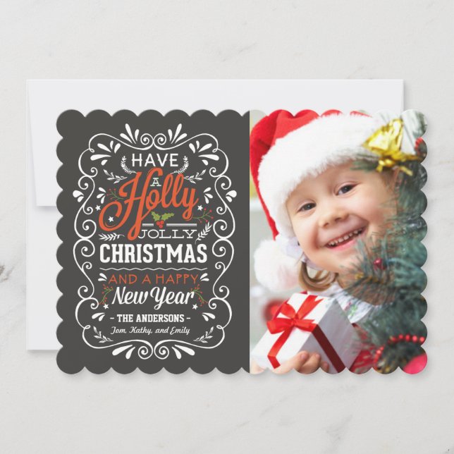 Holly Jolly Christmas Rustic Chalkboard Photo Holiday Card (Front)