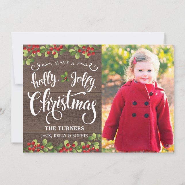 Holly Jolly Christmas Script - Rustic Woodgrain Holiday Card (Front)