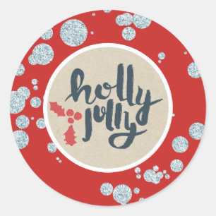 HOLLY JOLLY Christmas Silver Glitter Kraft Holiday Classic Round Sticker
