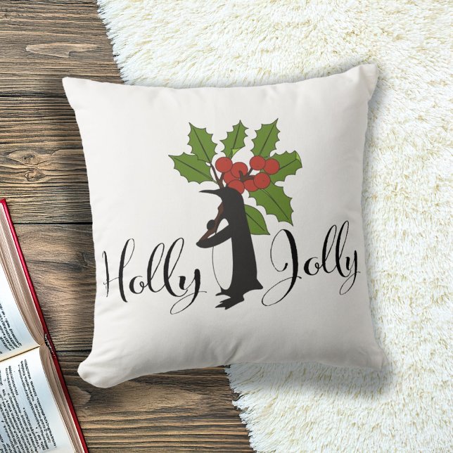 Holly Jolly Cute Funny Penguin Christmas Holiday Cushion (Creator Uploaded)