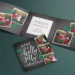 Holly Jolly | Cute Rustic Multi Photo Tri-Fold Holiday Card<br><div class="desc">Add a total of eight photos to this festive, rustic holiday photo card design in a unique trifold layout adorned with red and green holly sprigs on a chalkboard background. Front holds three square photos with "have a holly jolly Christmas" in hand lettered script typography. Personalise the inside with a...</div>