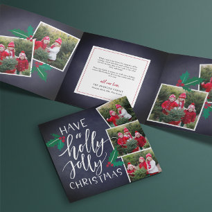 Holly Jolly   Cute Rustic Multi Photo Tri-Fold Holiday Card