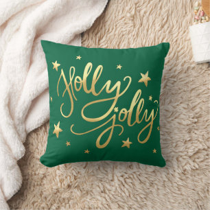 Holly Jolly   Elegant Gold Faux Foil Script Green Cushion