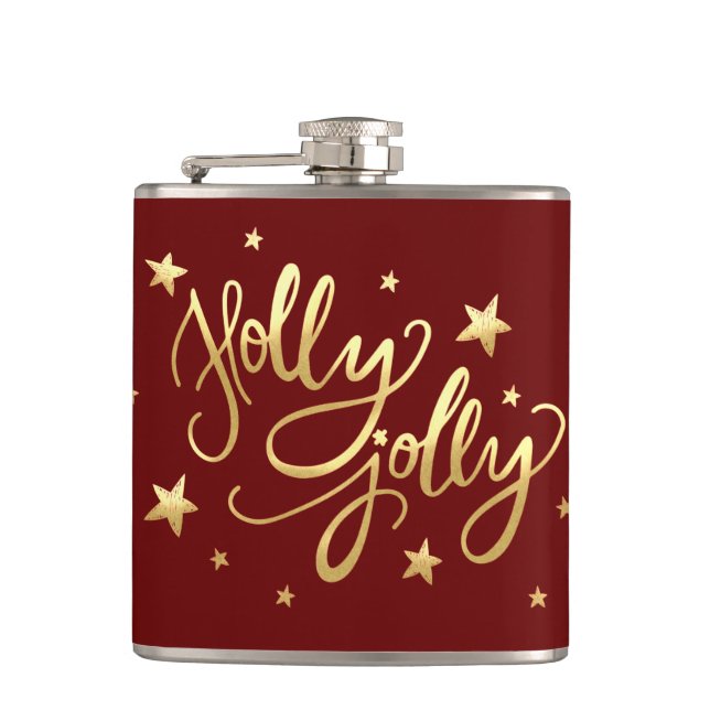 Holly Jolly | Elegant Gold Faux Foil Script Hip Flask (Front)