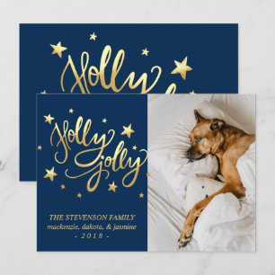 Holly Jolly   Elegant Gold Faux Foil Script Photo Holiday Card