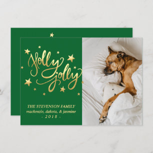Holly Jolly   Elegant Gold Faux Foil Script Photo Holiday Card