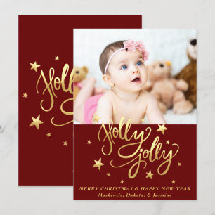 Holly Jolly   Elegant Gold Faux Foil Script Photo Holiday Card