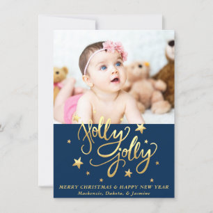 Holly Jolly   Elegant Gold Faux Foil Script Photo Holiday Card