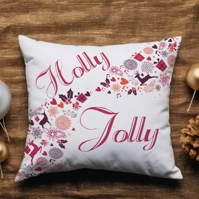 Holly Jolly Fun Red Snow Add Name Christmas Cushion (Creator Uploaded)