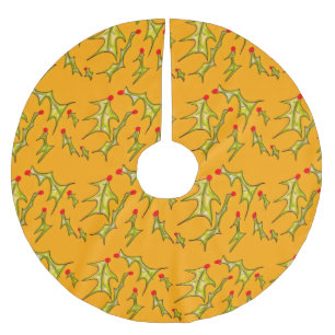 Holly Jolly Leaves on Yellow Gold Brushed Polyester Tree Skirt