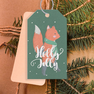Holly Jolly Little Cute Orange Fox Hunter Green Gift Tags