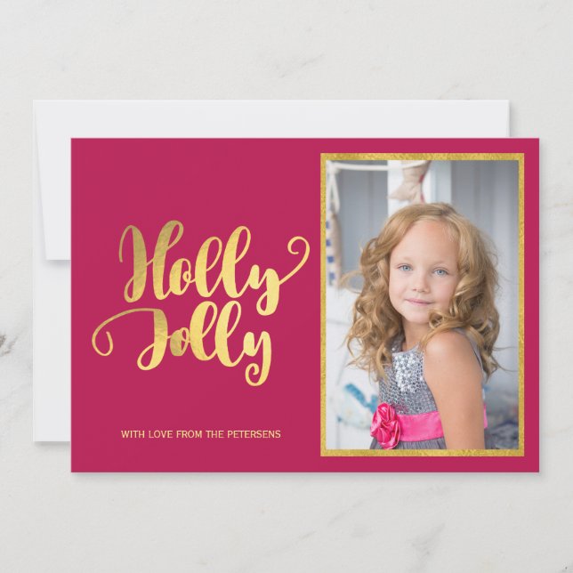 Holly Jolly magenta gold calligraphy script photo Holiday Card (Front)
