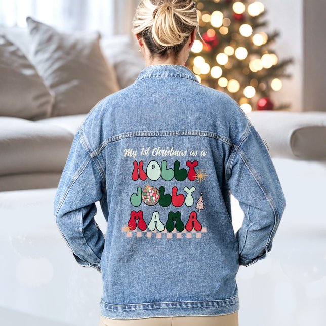 Holly Jolly Mama Text Christmas Denim Jacket (Holly Jolly Mama Text Christmas Denim Jacket)