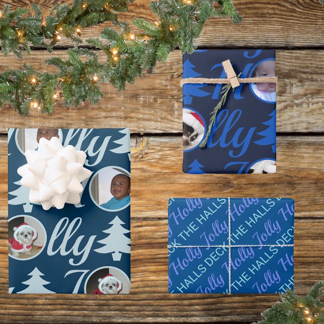 Holly Jolly Photo Collage Dark Blue Christmas Wrapping Paper Sheet (Creator Uploaded)