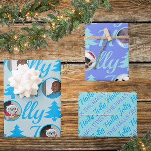 Holly Jolly Photo Collage Light Blue Christmas Wrapping Paper Sheet