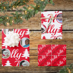 Holly Jolly Photo Collage Red White Christmas Wrapping Paper Sheet<br><div class="desc">Create your own personalised Christmas wrapping paper with this photo collage template design in Holly Jolly red and white. Upload your photos into the round templates where they become the O in the HOLLY and JOLLY typography pattern, one in white on Christmas red and one in bright red on a...</div>