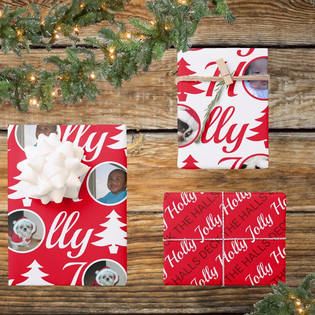 Holly Jolly Photo Collage Red White Christmas Wrapping Paper Sheet (Creator Uploaded)