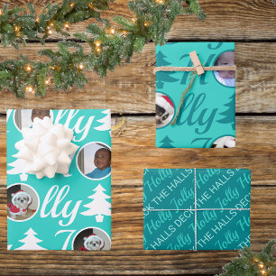 Holly Jolly Photo Collage Turquoise Christmas Wrapping Paper Sheet