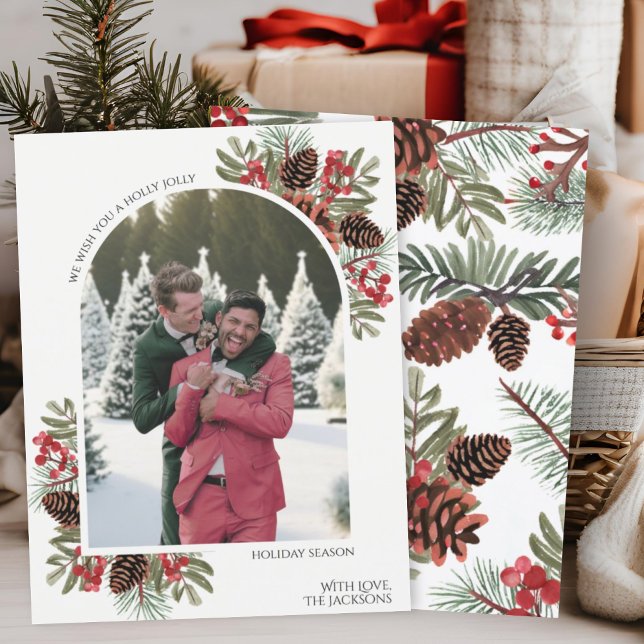 Holly Jolly Pine Cones & Berries One Photo Arch Holiday Card (Creator Uploaded)