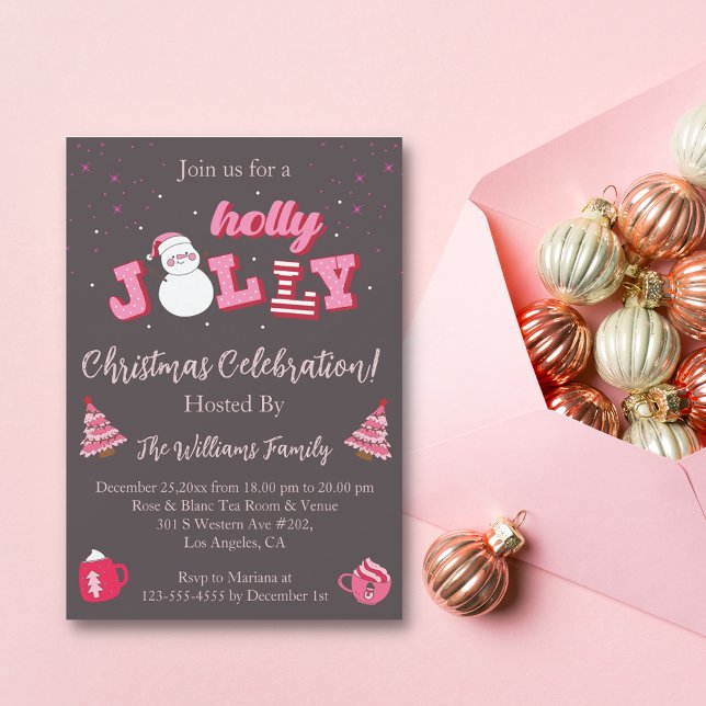 holly jolly pink brown christmas party invitation (Creator Uploaded)