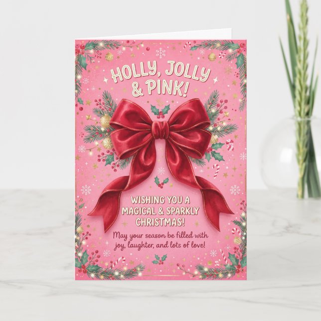 Holly Jolly Pink Christmas Bow Card (Front)