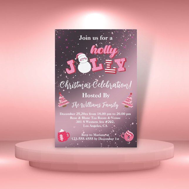 holly jolly pink metallic glitters christmas party invitation (Creator Uploaded)