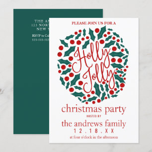 Holly Jolly Quote Leaves Berries Christmas Party Invitation