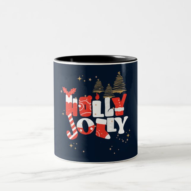Holly Jolly Red White Gold Christmas Winter Two-Tone Coffee Mug (Center)