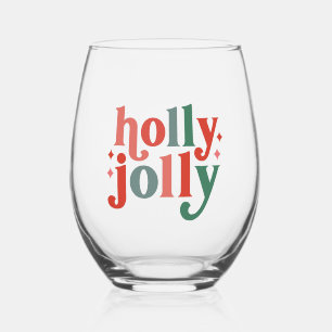 Holly Jolly - Retro Holiday Typography Stemless Wine Glass
