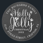 Holly Jolly Return Address Christmas Chalkboard Classic Round Sticker<br><div class="desc">Festive Holly Jolly Christmas holidays return address labels for you to personalise with your own message,  year,  family name and address details on a chalkboard background. Designed by Thisisnotme©</div>