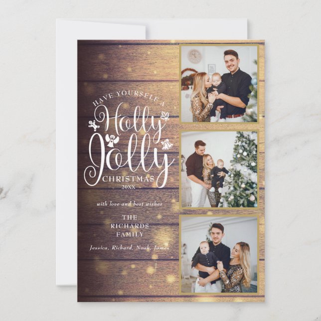 Holly Jolly Rustic Wood 3 Photo Collage Holiday Card (Front)