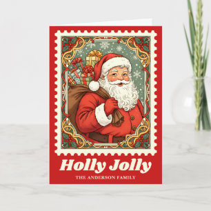 Holly Jolly Santa Claus Christmas Postage Stamp Holiday Card