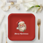 Holly Jolly Santa Claus Retro Christmas Paper Plate<br><div class="desc">Paper plates with a joyful illustration of a vintage style Santa Claus with red rosy cheeks. wearing his classic red Santa hat and his big white bear. A sprig of holly adds to the festive holiday spirit of this design.</div>