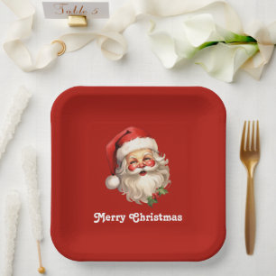 Holly Jolly Santa Claus Retro Christmas Paper Plate