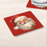 Holly Jolly Santa Claus Retro Christmas Square Paper Coaster<br><div class="desc">Paper (sturdy pulp board) coasters with a joyful illustration of a vintage style Santa Claus with red rosy cheeks. wearing his classic red Santa hat and his big white bear. A sprig of holly adds to the festive holiday spirit of this design.</div>