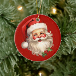 Holly Jolly Santa Claus Retro Style Christmas Ceramic Tree Decoration<br><div class="desc">An ornament with a joyful illustration of a vintage style Santa Claus with red rosy cheeks. wearing his classic red Santa hat and his big white bear. A sprig of holly adds to the festive holiday spirit of this design.</div>