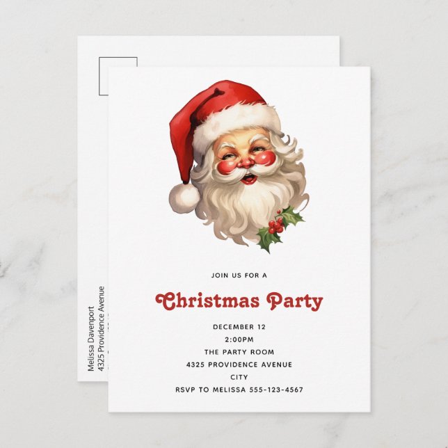 Holly Jolly Santa Claus Retro Style Christmas Invitation Postcard (Front/Back)