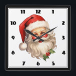 Holly Jolly Santa Claus Retro Style Christmas Square Wall Clock<br><div class="desc">A clock with a joyful illustration of a vintage style Santa Claus with red rosy cheeks. wearing his classic red Santa hat and his big white bear. A sprig of holly adds to the festive holiday spirit of this design.</div>