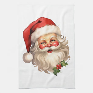 Holly Jolly Santa Claus Retro Style Christmas Tea Towel
