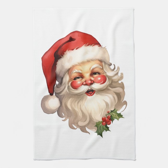 Holly Jolly Santa Claus Retro Style Christmas Tea Towel (Vertical)