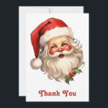 Holly Jolly Santa Claus Retro Style Christmas Thank You Card<br><div class="desc">Thank you card with a joyful illustration of a vintage style Santa Claus with red rosy cheeks. wearing his classic red santa hat and his big white bear. A sprig of holly adds to the festive holiday spirit of this design.</div>