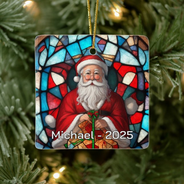 Holly Jolly Santa Glass Effect Ceramic Ornament (Tree)