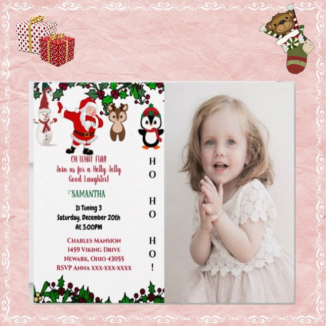 Holly Jolly Santa Snowman Christmas Birthday Photo Invitation (Creator Uploaded)