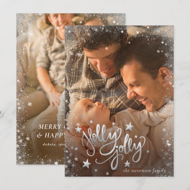 Holly Jolly Silver | 2 Photo Star Confetti Script Holiday Card (Front/Back)