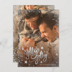 Holly Jolly Silver   2 Photo Star Confetti Script Holiday Card