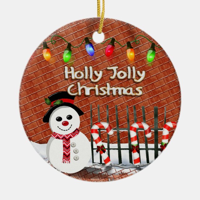 Holly Jolly Snowman CUSTOM Ceramic Tree Decoration (Front)