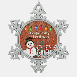 Holly Jolly Snowman Snowflake Pewter Christmas Ornament