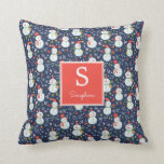Holly Jolly Snowmen Monogram Throw Pillow<br><div class="desc">This adorable holiday throw pillow features silly snowmen,  snowflakes,  and hearts over a custom colour background (shown in navy blue).  Easy to personalise for a fun gift!</div>