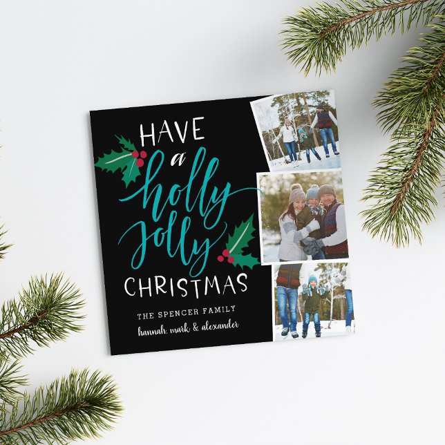 Holly Jolly | Square Holiday Photo Collage Card (Creator Uploaded)